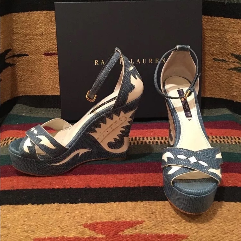 RALPH LAUREN Western Southwest Cowboy Style Lizard Skin Leather Wedges Heels 7.5